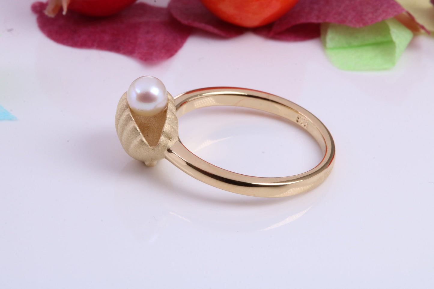 Pearl in Shell Ring, Made from solid Silver, Matt Finished with 18ct Yellow Gold Plating