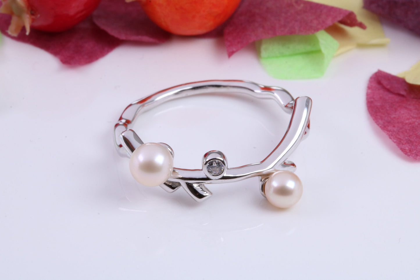Tree Branch Ring set with Pearls and Cubic Zirconia, Made from solid Silver