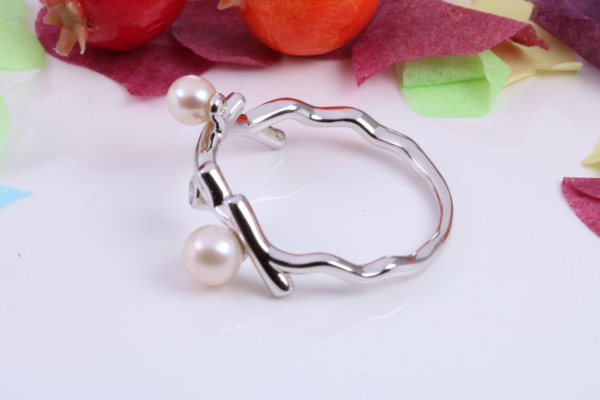 Tree Branch Ring set with Pearls and Cubic Zirconia, Made from solid Silver