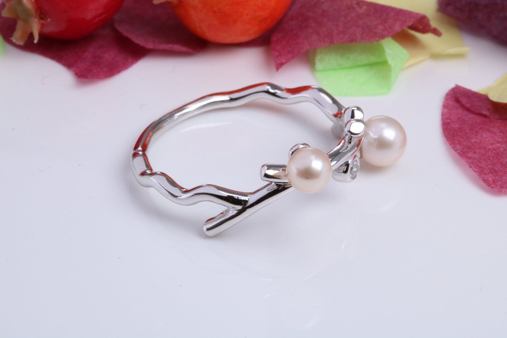 Tree Branch Ring set with Pearls and Cubic Zirconia, Made from solid Silver