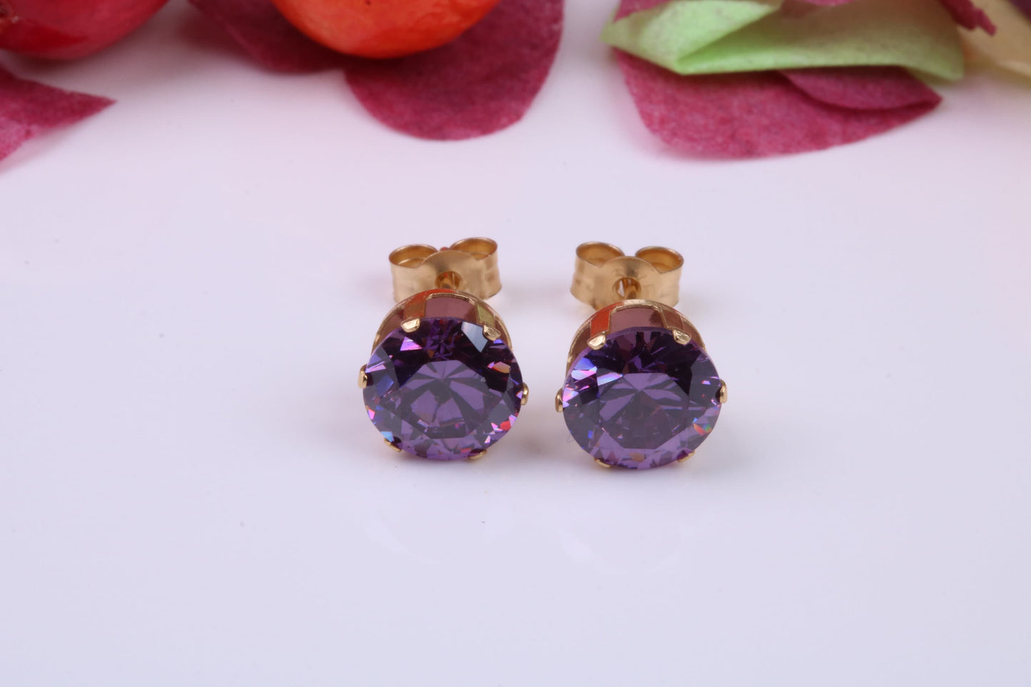8 mm Round Amethyst Cubic Zirconia set Stud Earrings, Made from Solid 9ct Yellow Gold
