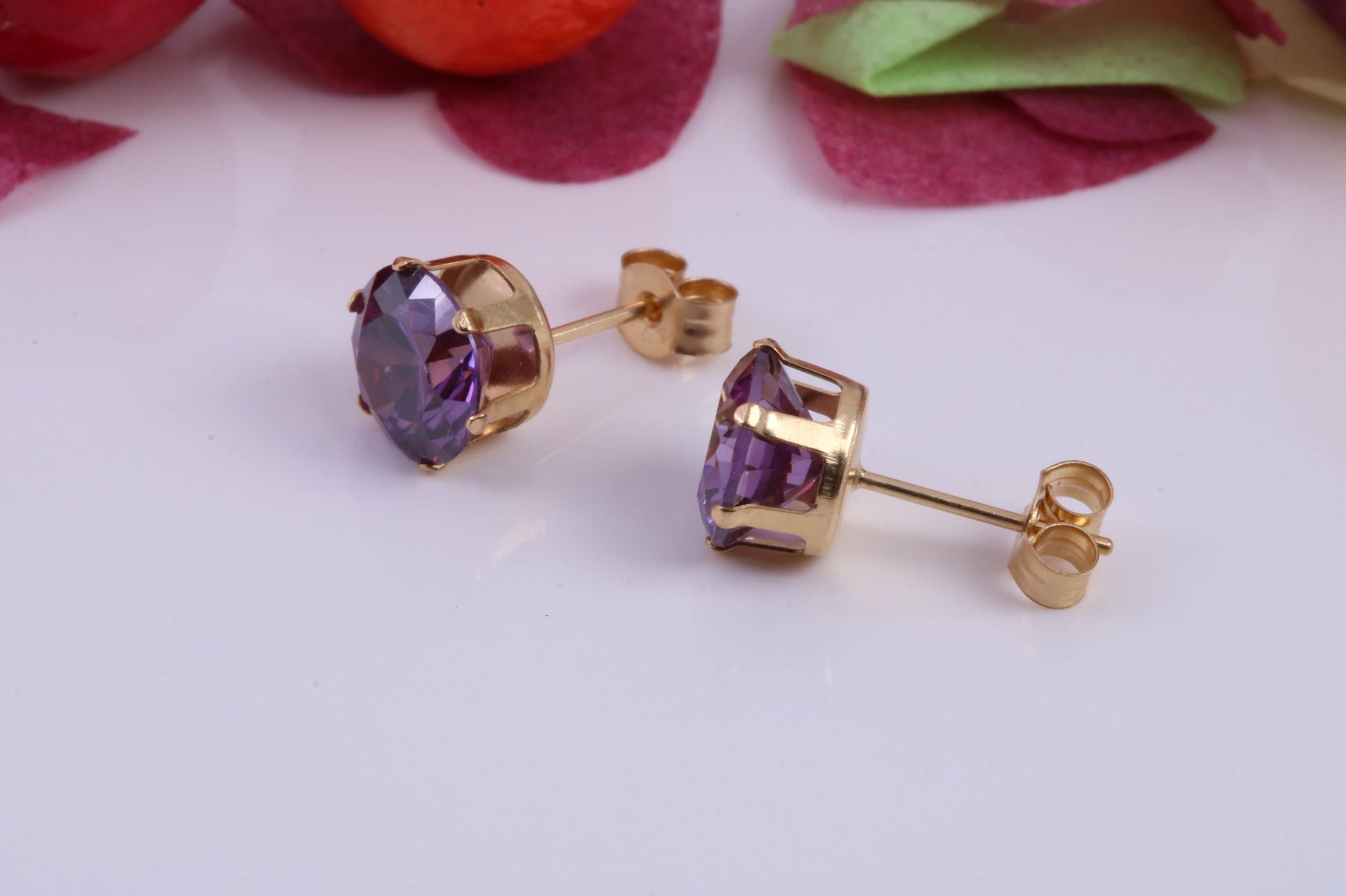 8 mm Round Amethyst Cubic Zirconia set Stud Earrings, Made from Solid 9ct Yellow Gold