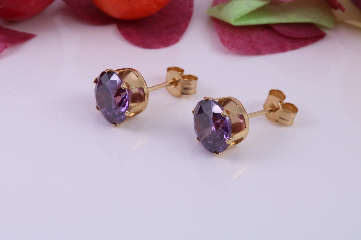 8 mm Round Amethyst Cubic Zirconia set Stud Earrings, Made from Solid 9ct Yellow Gold
