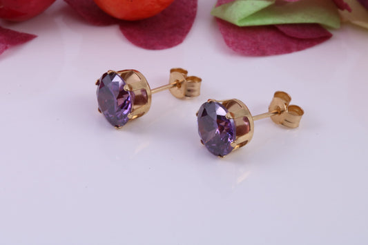 8 mm Round Amethyst Cubic Zirconia set Stud Earrings, Made from Solid 9ct Yellow Gold