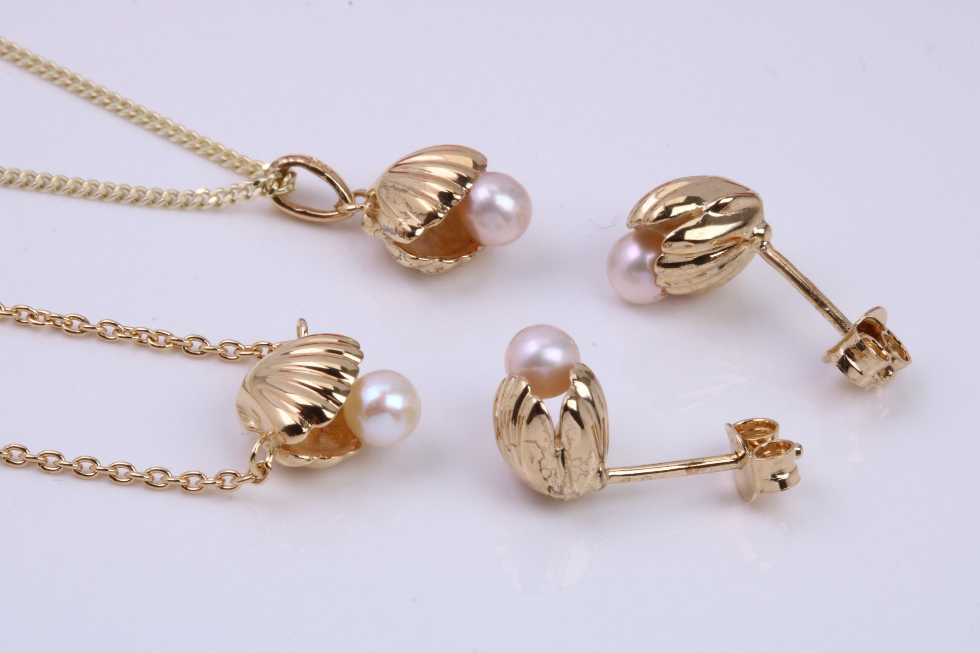 Pearl set Shell Necklace and Earrings with Matching Bracelet, Made from solid Sterling Silver, 18ct Yellow Gold Plated