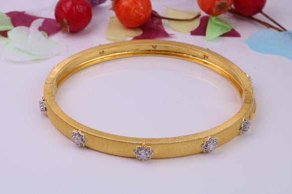 Hinged Bangle set with Diamond White Cubic Zirconia, Made from solid Sterling Silver, 18ct Yellow Gold Plated, Matt Finished