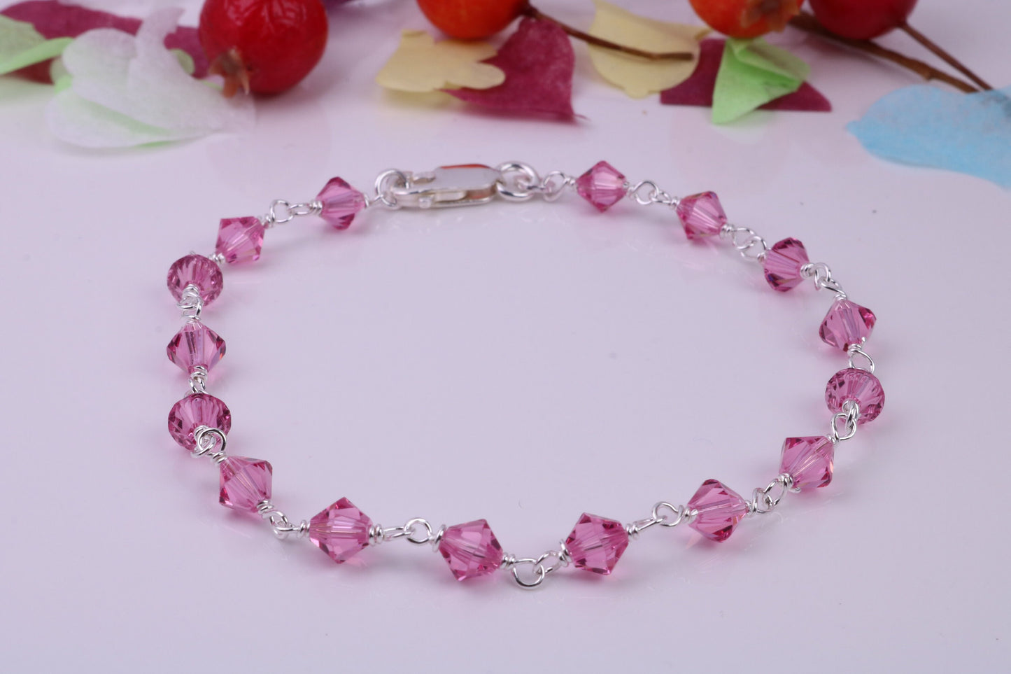 Dainty and Light Weight Pink Cubic Zirconia set Bracelet, made from solid Sterling Silver