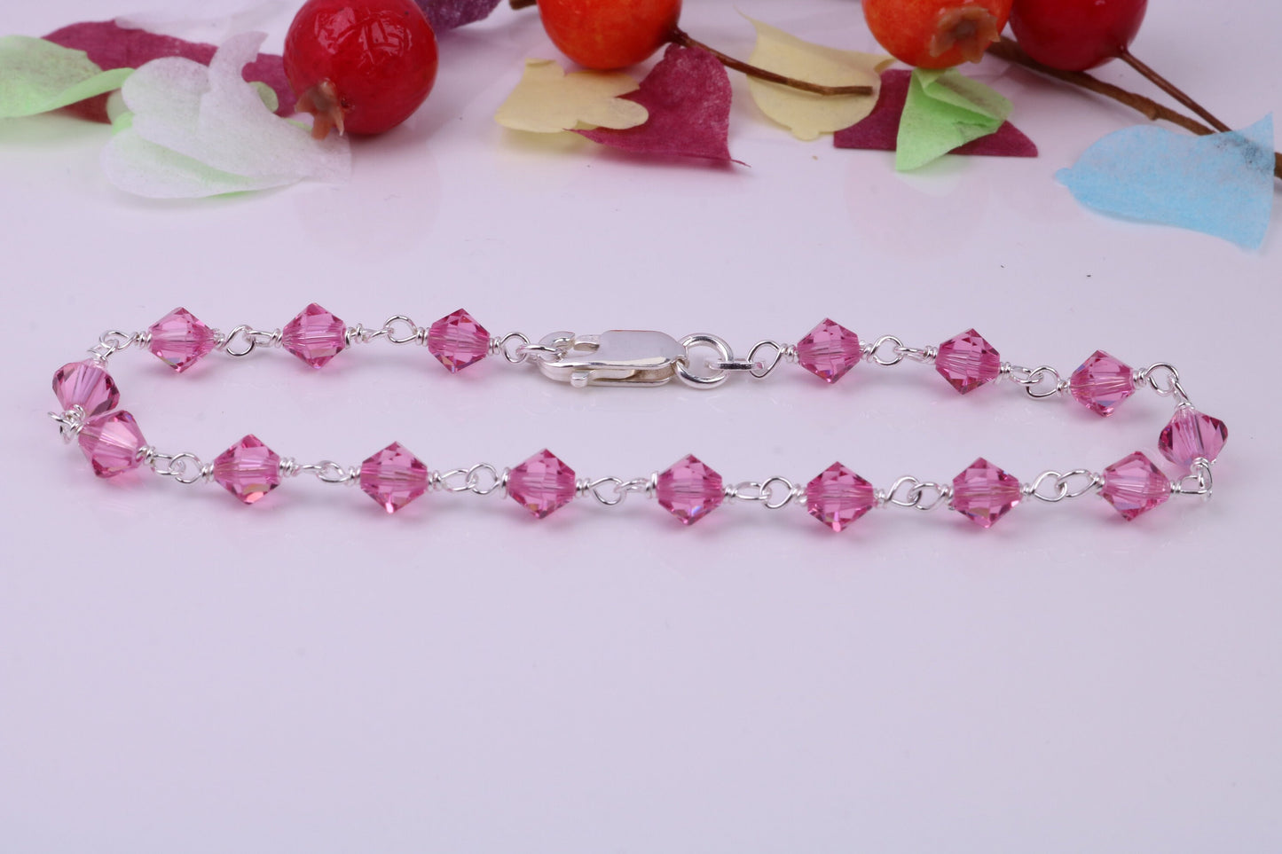 Dainty and Light Weight Pink Cubic Zirconia set Bracelet, made from solid Sterling Silver