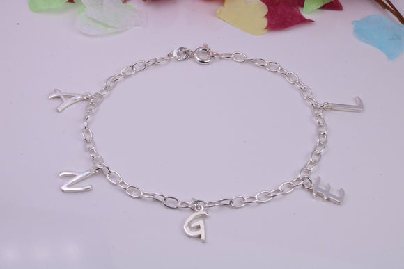 Initial Bracelet Reading Angel, made from solid Sterling Silver, 7.50 Inches Long
