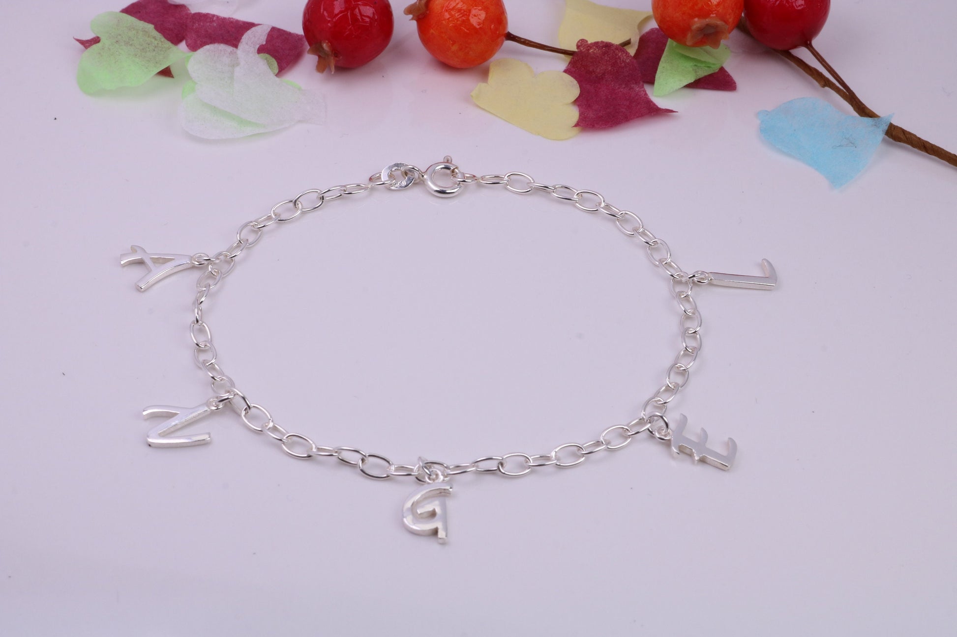 Initial Bracelet Reading Angel, made from solid Sterling Silver, 7.50 Inches Long