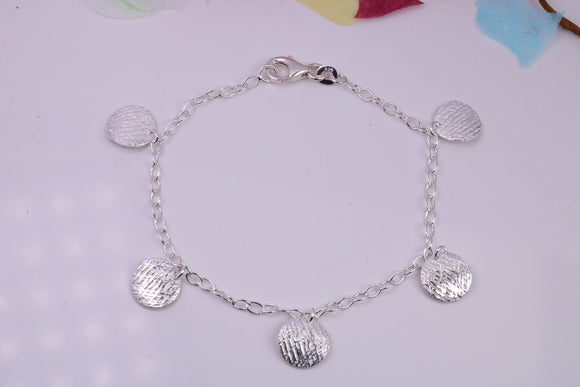 Light Weight Round Disc Bracelet, made from solid Sterling Silver, 7.50 Inches Long
