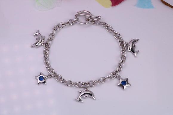 Ready to Wear Charms Bracelet, With Five Charms Attached, Made from solid Sterling Silver, 7.50 Inches Long, Good Weighty Feel