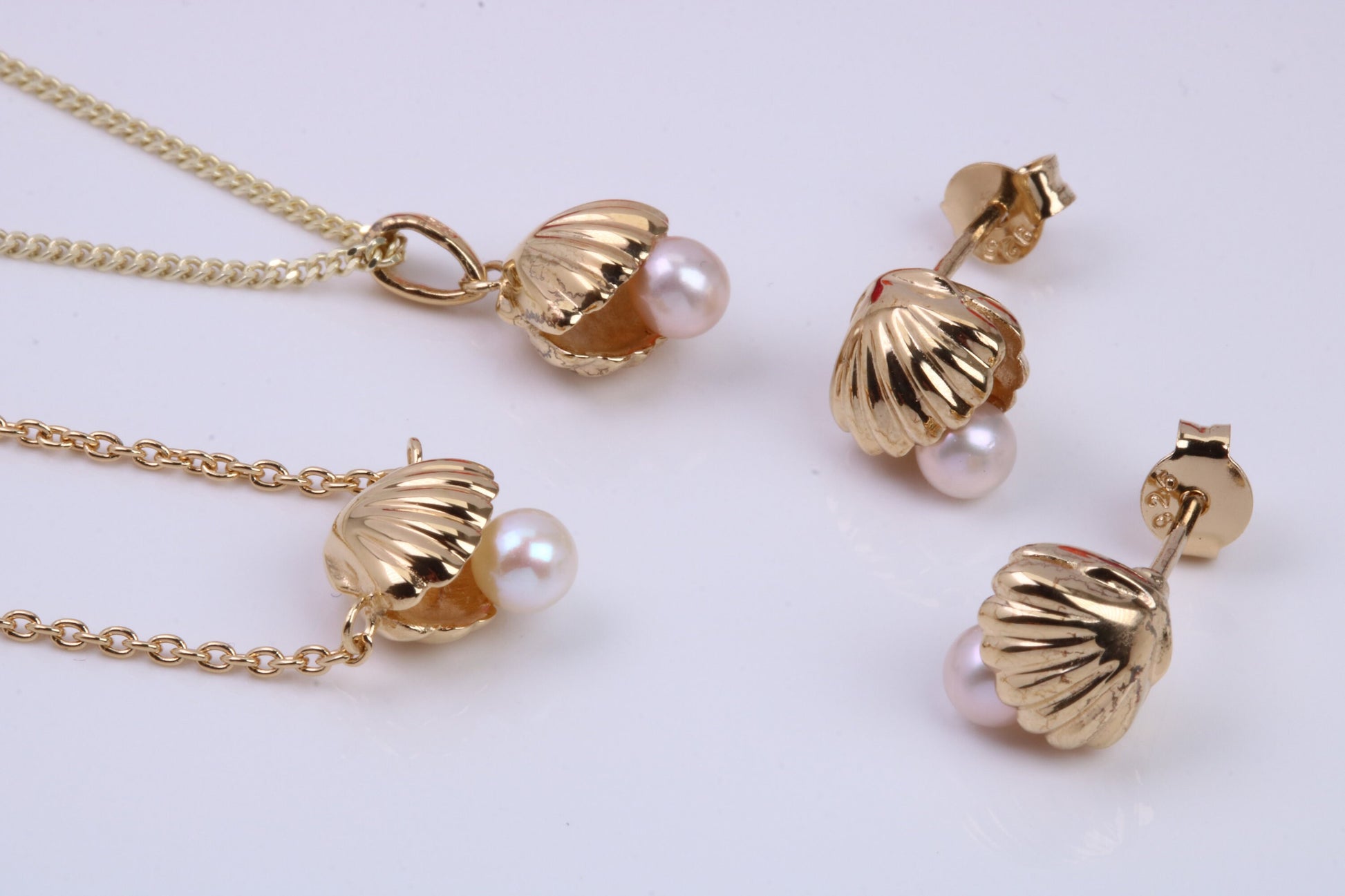 Pearl set Shell Necklace and Earrings with Matching Bracelet, Made from solid Sterling Silver, 18ct Yellow Gold Plated
