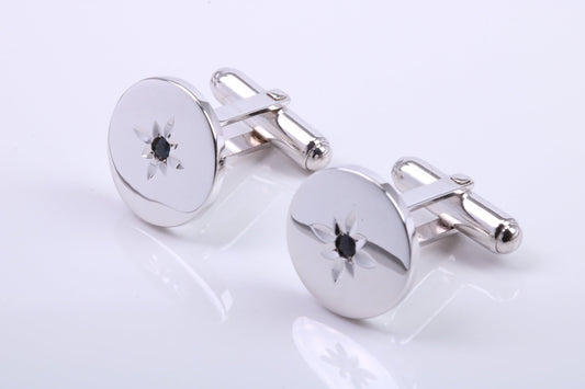 Natural Round cut Blue Sapphire set Solid Silver Cufflinks,