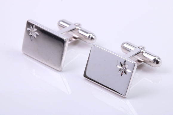 Natural Diamond set Large Rectangle Solid Silver Cufflinks