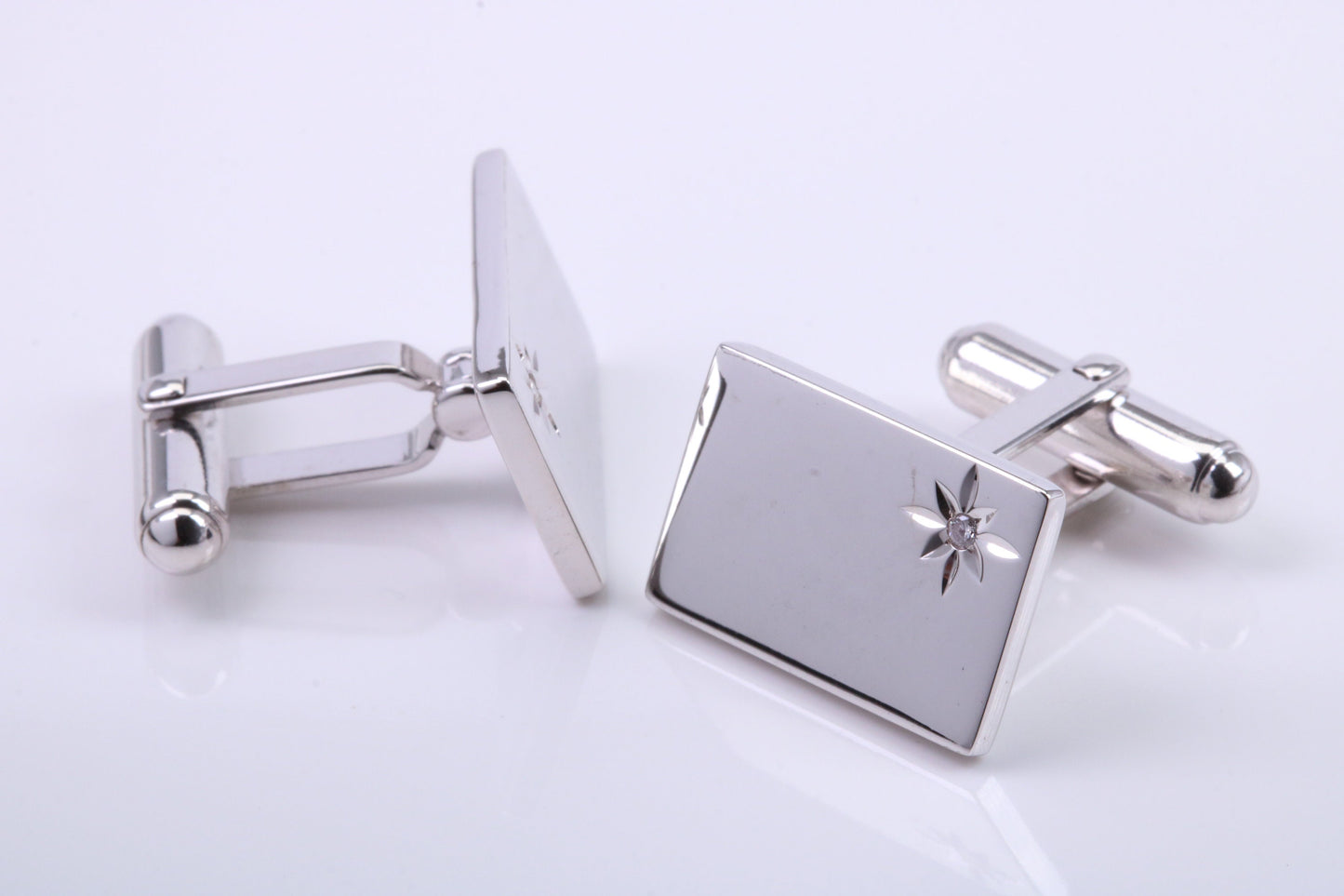 Natural Diamond set Large Rectangle Solid Silver Cufflinks