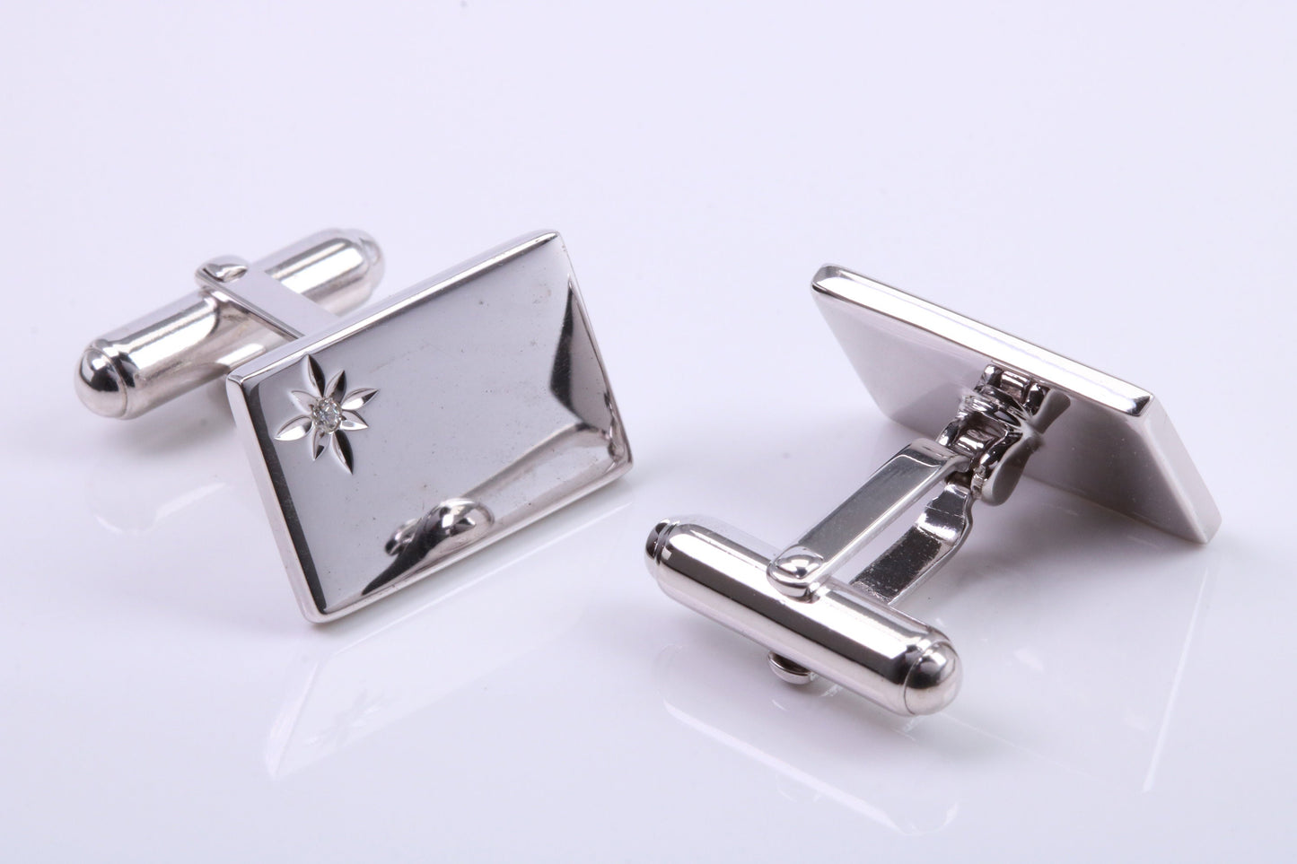 Natural Diamond set Large Rectangle Solid Silver Cufflinks