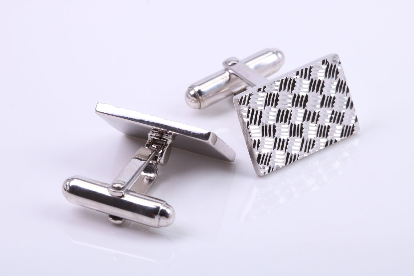 Machine Patterned Large Rectangle Solid Silver Cufflinks