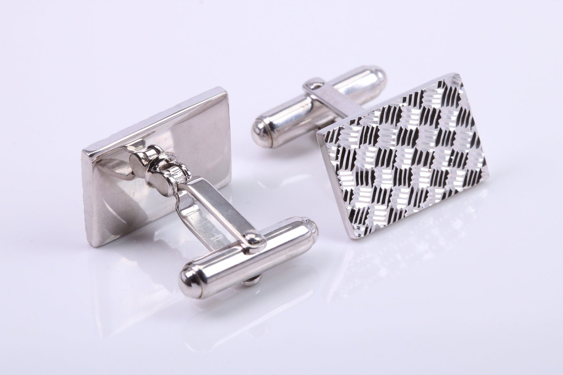 Machine Patterned Large Rectangle Solid Silver Cufflinks