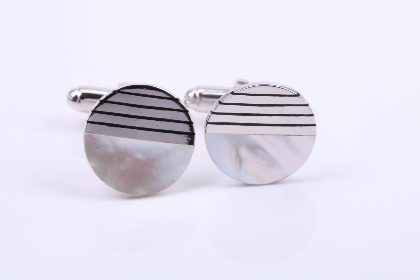 Black Onyx and Mothe of Pearl set Round Solid Silver Cufflinks