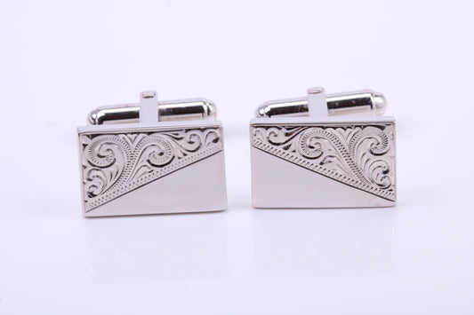 Hand Engraved Large Rectangle Solid Silver Cufflinks