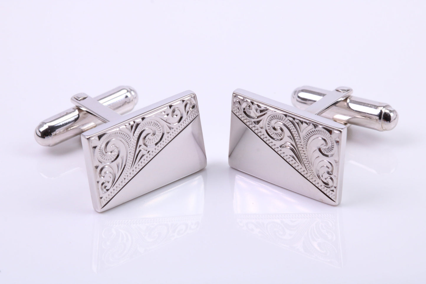 Hand Engraved Large Rectangle Solid Silver Cufflinks
