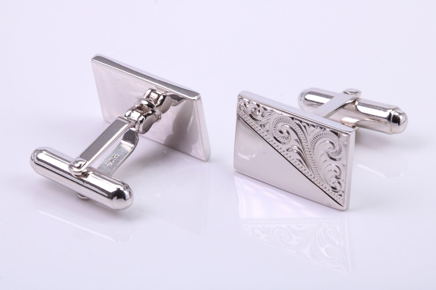 Hand Engraved Large Rectangle Solid Silver Cufflinks