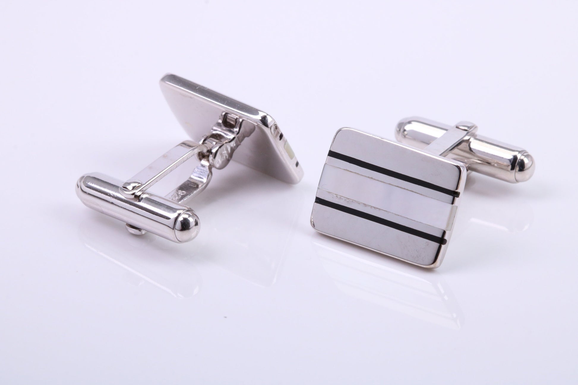 Black Onyx and Mother of Pearl set Rectangle Solid Silver Cufflinks
