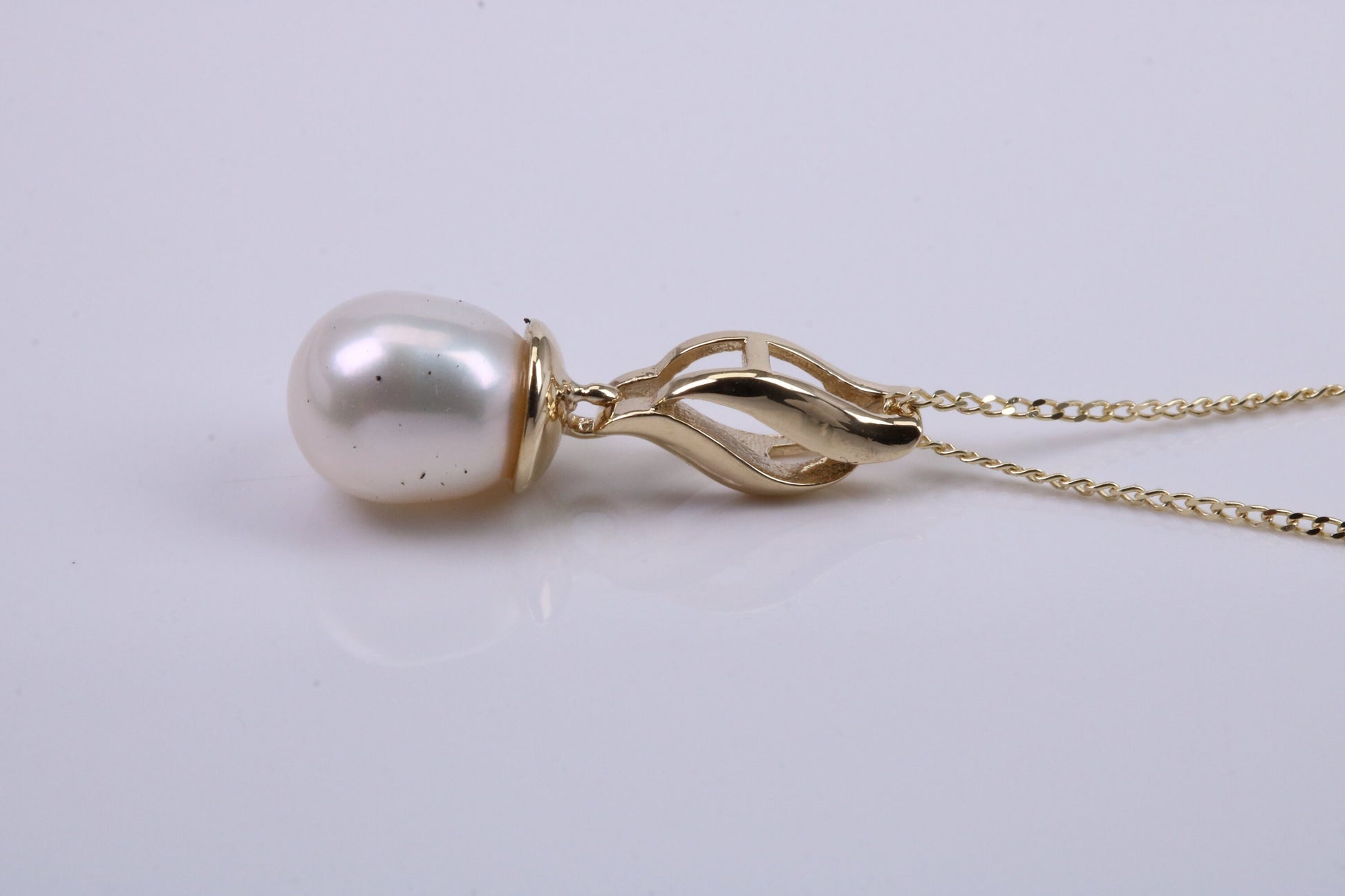 Real Pearl Necklace and Matching Earrings set in Solid Yellow Gold Together with 18 Inch Yellow Gold Chain