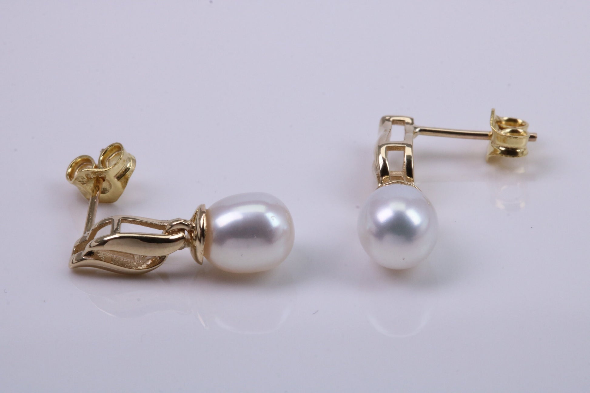 Natural Freshwater Pearl Stud Dropper Earrings set in Solid Yellow Gold