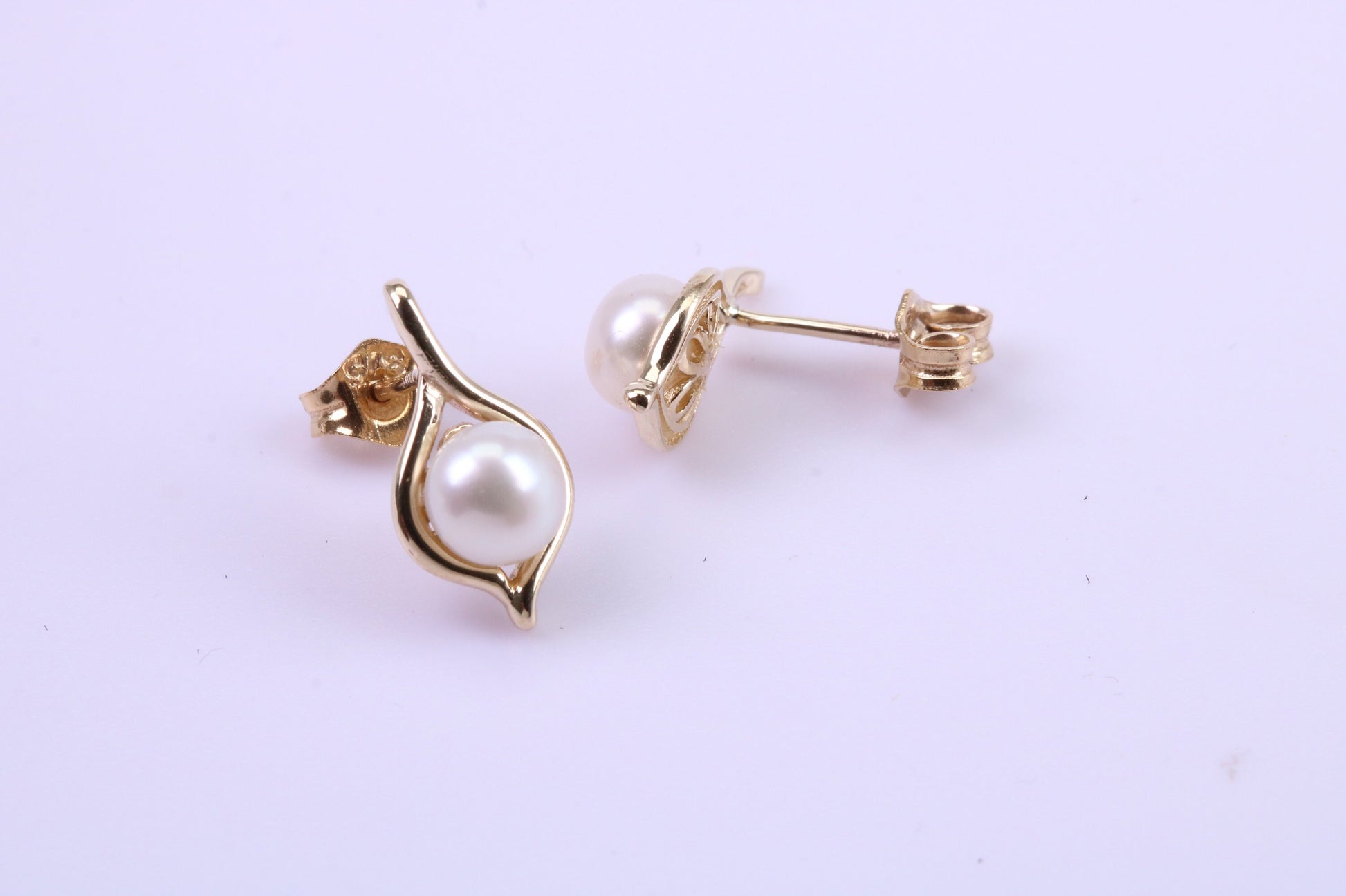 Round Natural Freshwater Pearl Stud Dropper Earrings set in Solid Yellow Gold