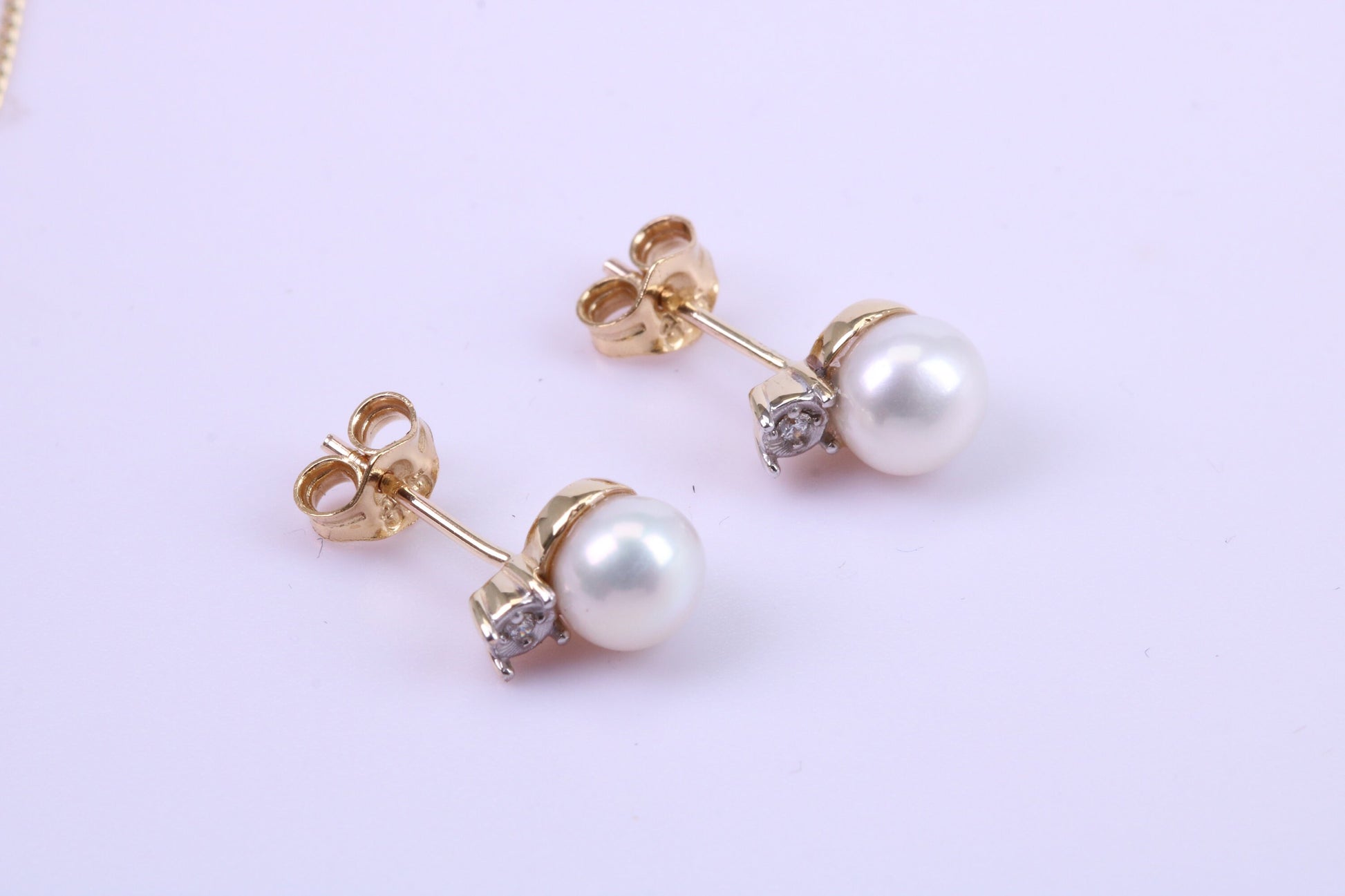 Round Natural Freshwater Pearl Stud Dropper Earrings set in Solid Yellow Gold