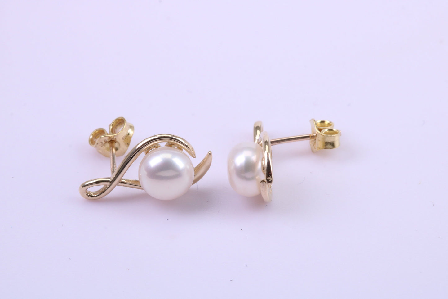 Round Natural Freshwater Pearl Stud Dropper Earrings set in Solid Yellow Gold