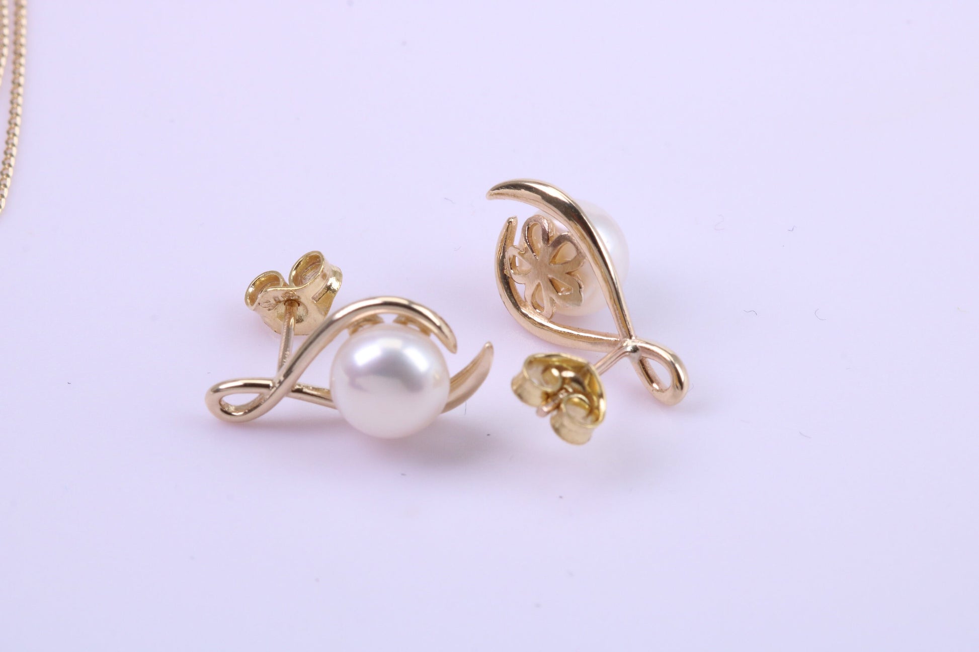 Round Natural Freshwater Pearl Stud Dropper Earrings set in Solid Yellow Gold
