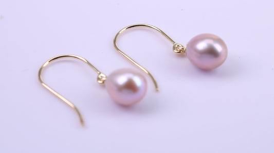 Teardrop Natural Freshwater Pearl Dropper Earrings set in Solid Yellow Gold