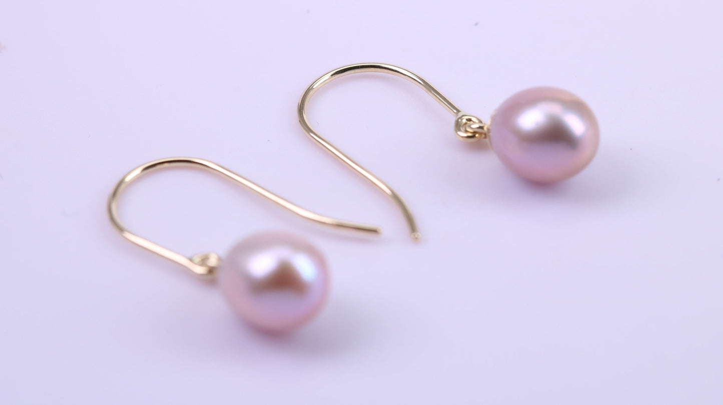 Teardrop Natural Freshwater Pearl Dropper Earrings set in Solid Yellow Gold