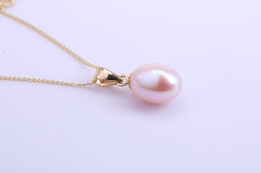 Teardrop Natural Cultured Pearl Necklace set in Solid Yellow Gold Together with 18 Inch Yellow Gold Chain