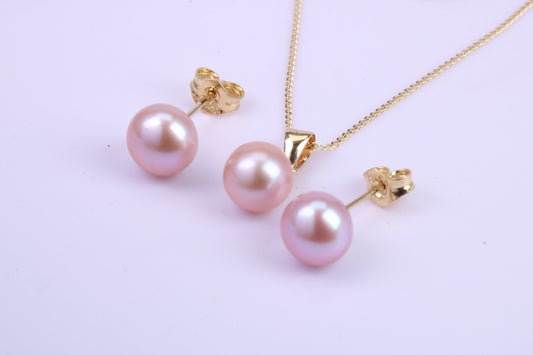 Round Natural Freshwater Pearl Stud Earrings with Matching Necklace set in Solid Yellow Gold