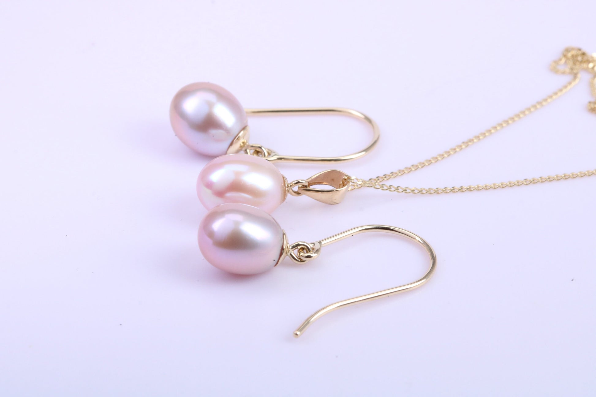 Teardrop Pearl Necklace and Matching Earrings set in Solid Yellow Gold Together with 18 Inch Yellow Gold Chain