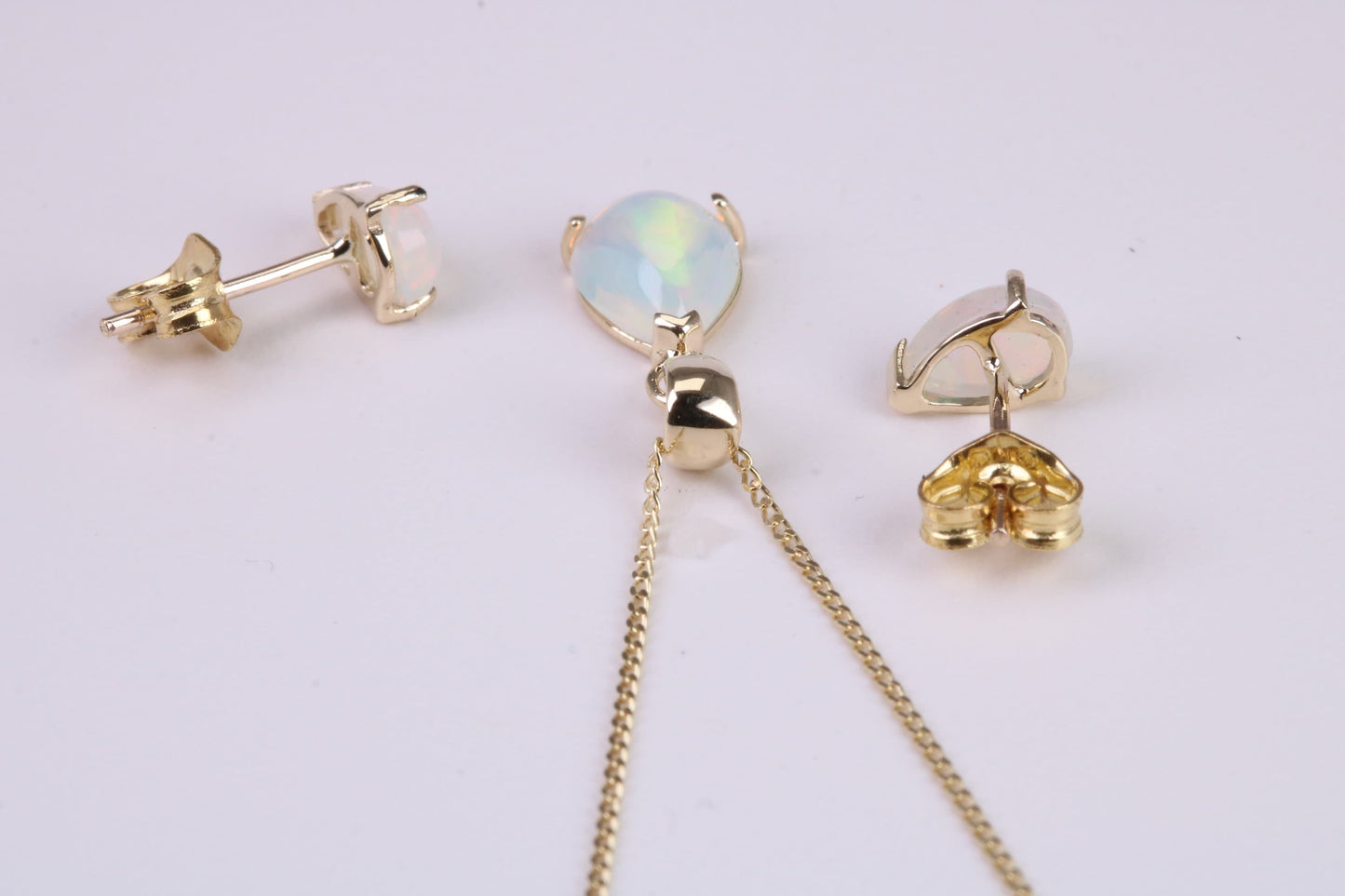 Natural Teardrop cut Opal set Stud Earrings with Necklace, Made from Solid Yellow Gold, With 18 Inch Long Chain