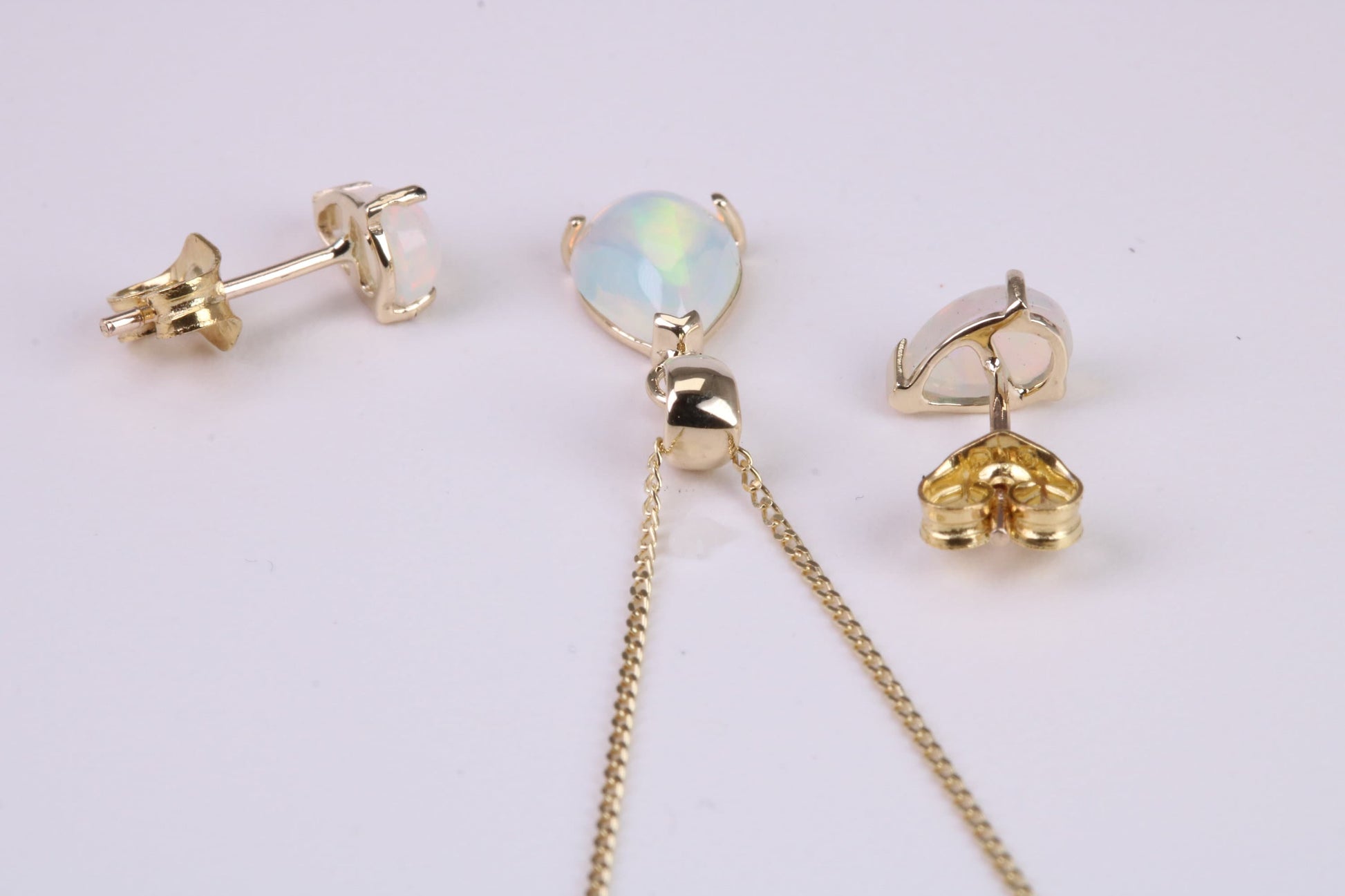 Natural Teardrop cut Opal set Stud Earrings with Necklace, Made from Solid Yellow Gold, With 18 Inch Long Chain
