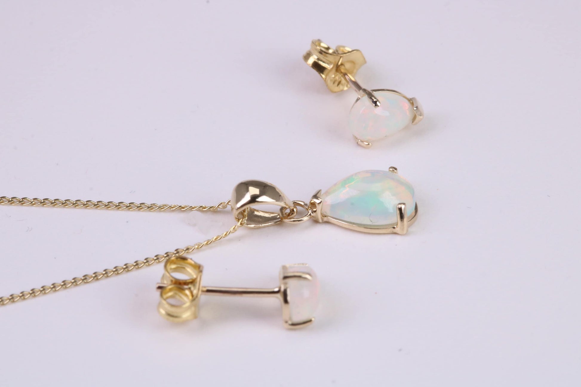 Natural Teardrop cut Opal set Stud Earrings with Necklace, Made from Solid Yellow Gold, With 18 Inch Long Chain