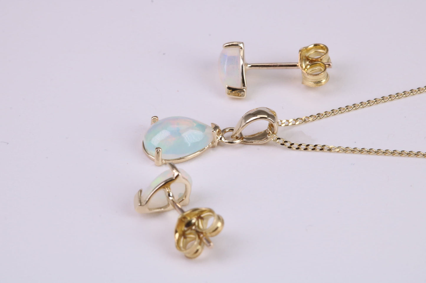 Natural Teardrop cut Opal set Stud Earrings with Necklace, Made from Solid Yellow Gold, With 18 Inch Long Chain
