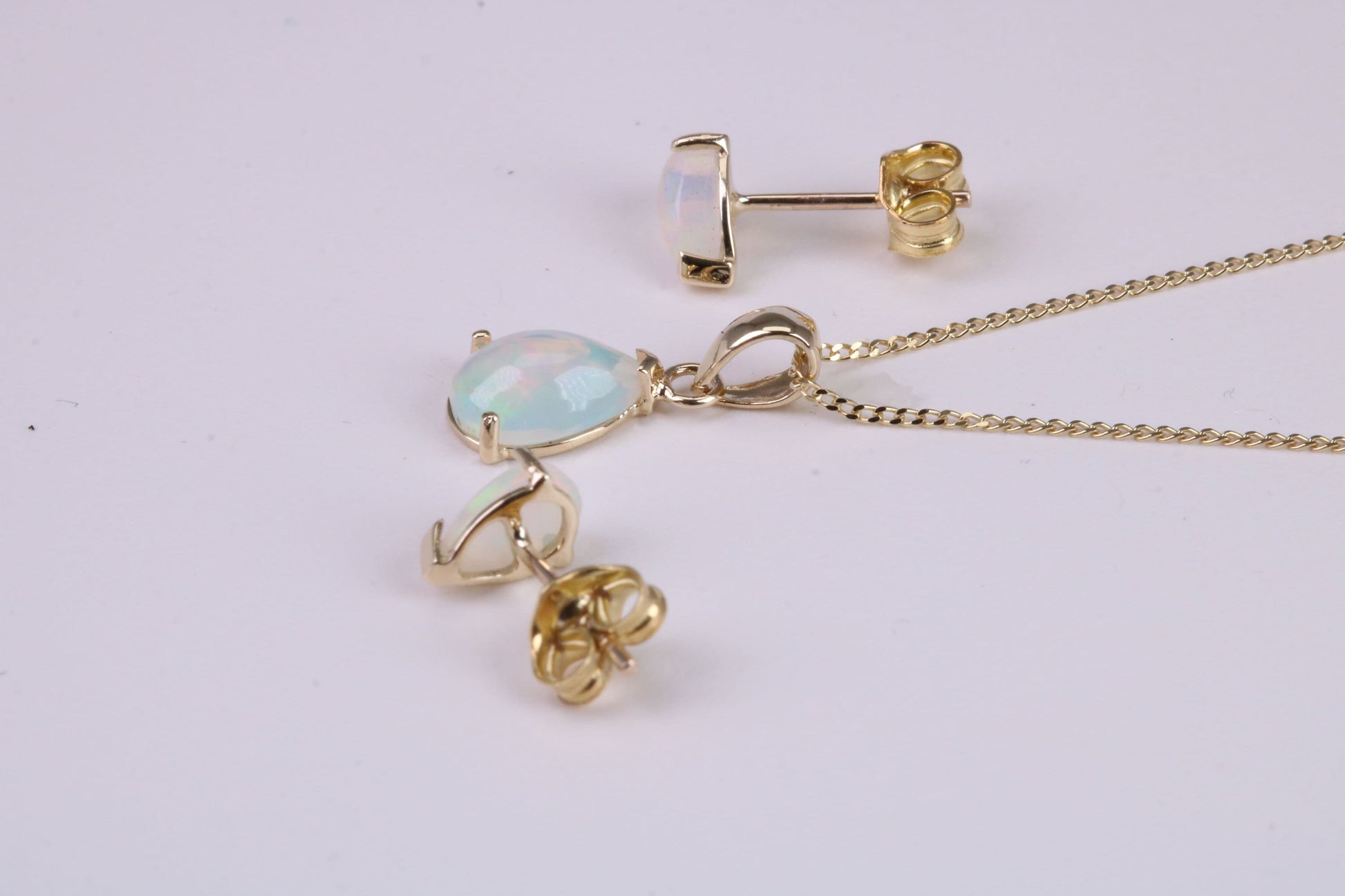 Natural Teardrop cut Opal set Stud Earrings with Necklace, Made from Solid Yellow Gold, With 18 Inch Long Chain