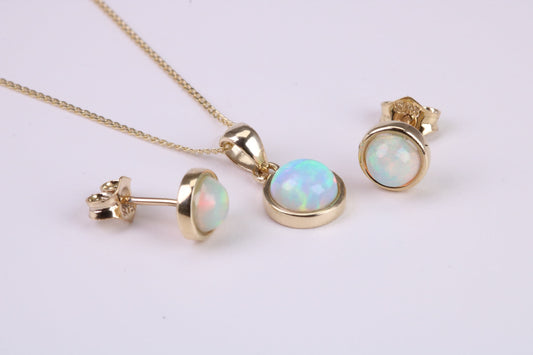 Natural Round cut Opal set Stud Earrings with Necklace, Made from Solid Yellow Gold, With 18 Inch Long Chain
