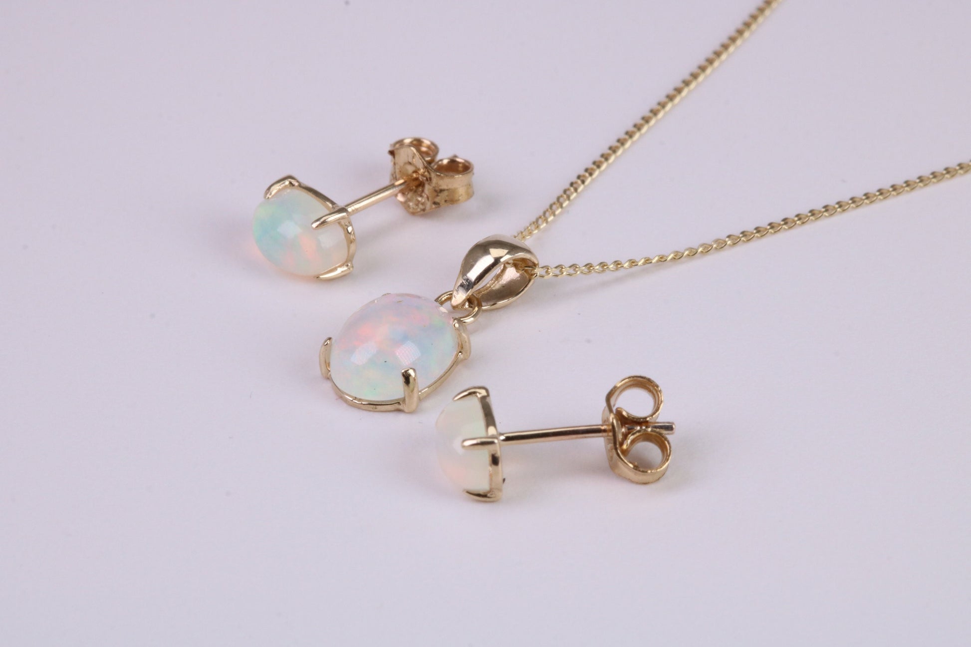 Natural Oval cut Opal set Stud Earrings with Necklace, Made from Solid Yellow Gold, With 18 Inch Long Chain