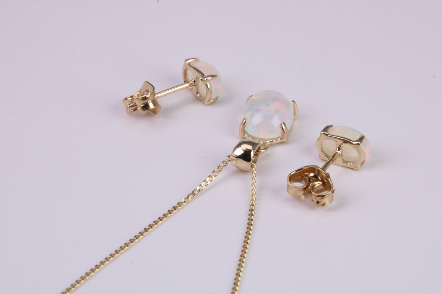 Natural Oval cut Opal set Stud Earrings with Necklace, Made from Solid Yellow Gold, With 18 Inch Long Chain