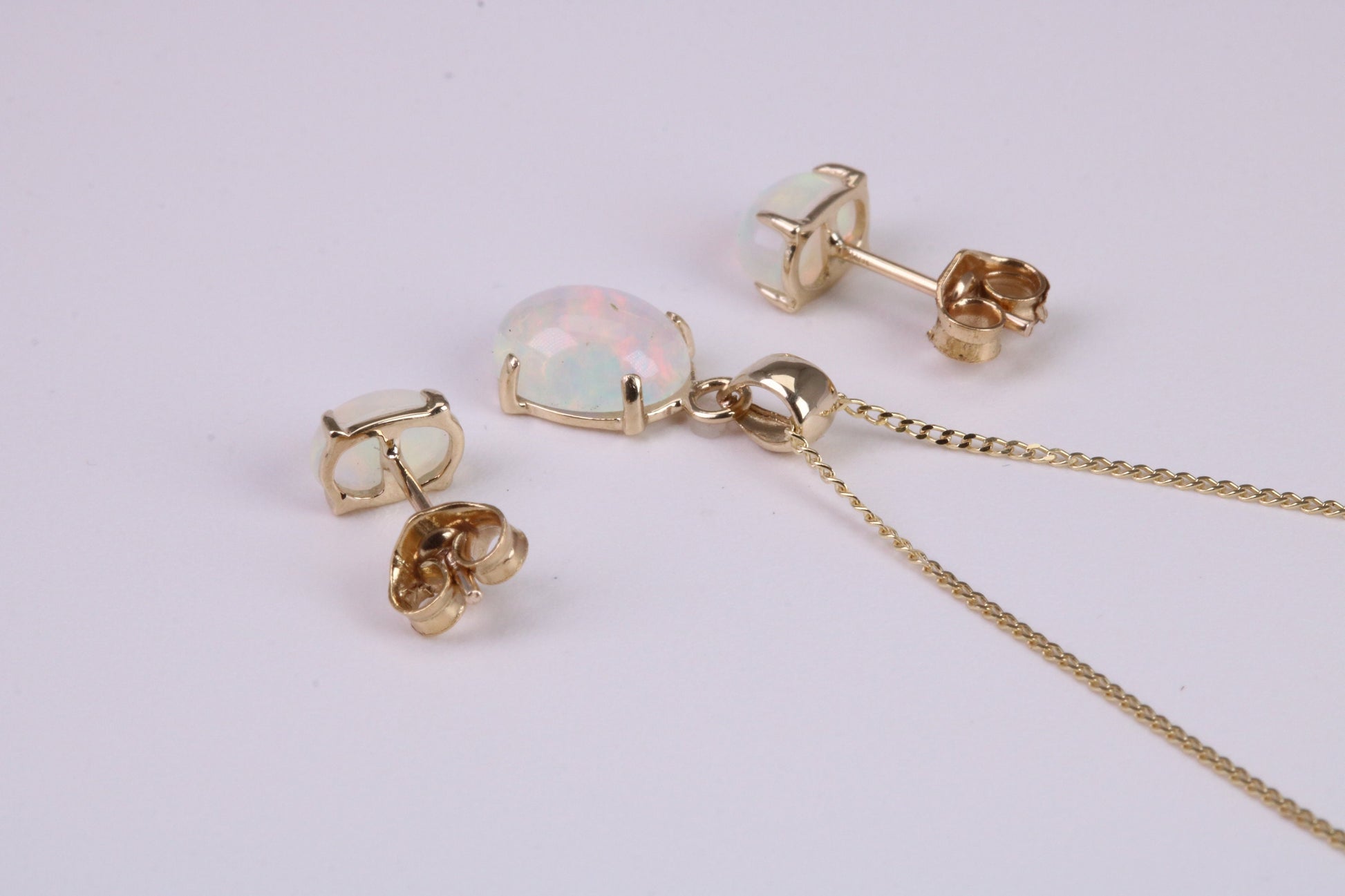 Natural Oval cut Opal set Stud Earrings with Necklace, Made from Solid Yellow Gold, With 18 Inch Long Chain