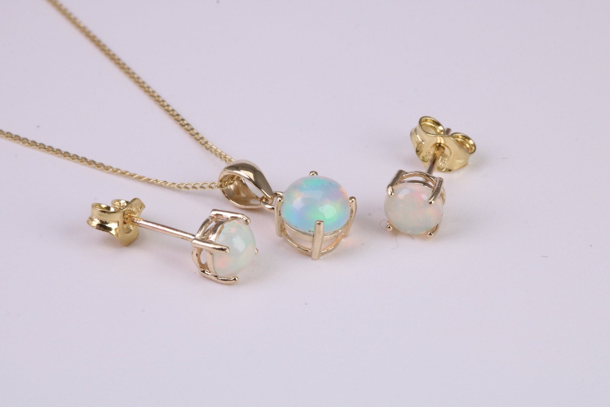 Natural Round cut Opal set Stud Earrings with Necklace, Made from Solid Yellow Gold, With 18 Inch Long Chain
