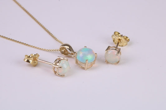 Natural Round cut Opal set Stud Earrings with Necklace, Made from Solid Yellow Gold, With 18 Inch Long Chain